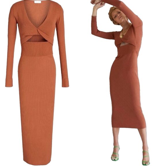 A.L.C. Dresses & Skirts - A.L.C. Women's Midi Dress XL Orange Ribbed Knit V-Neck Long Sleeve ALC NEW